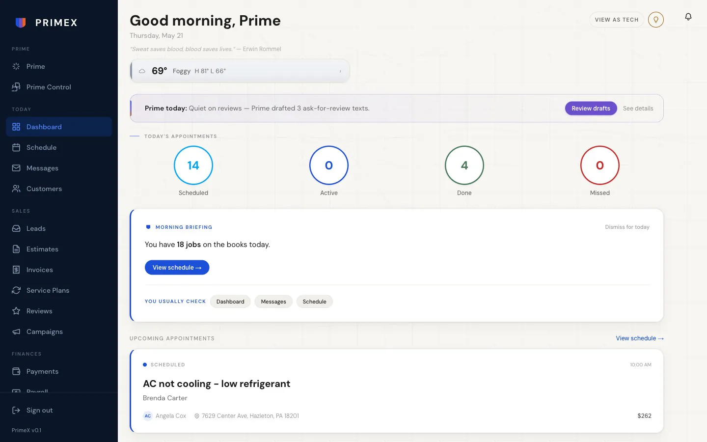 PrimeX dashboard — jobs on the board, Prime AI brief, invoices auto-drafted