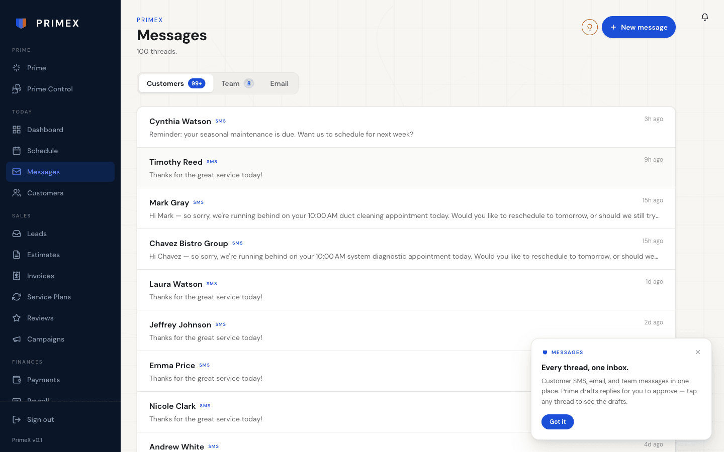 Messages floor with Prime-drafted SMS reply